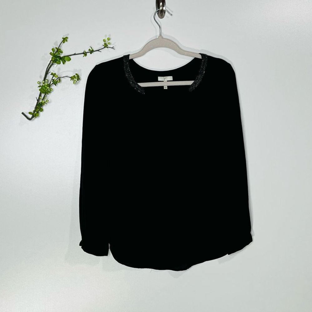 Joie Black Silk Beaded Neckline Long-sleeve Blouse